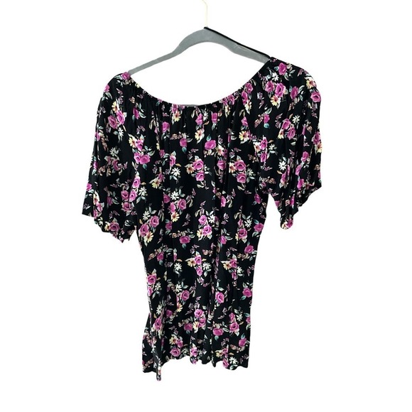 Bobeau Blouse Top Women's Size L Black Floral Off The Shoulder Neck Long Sleeve - Picture 2 of 5